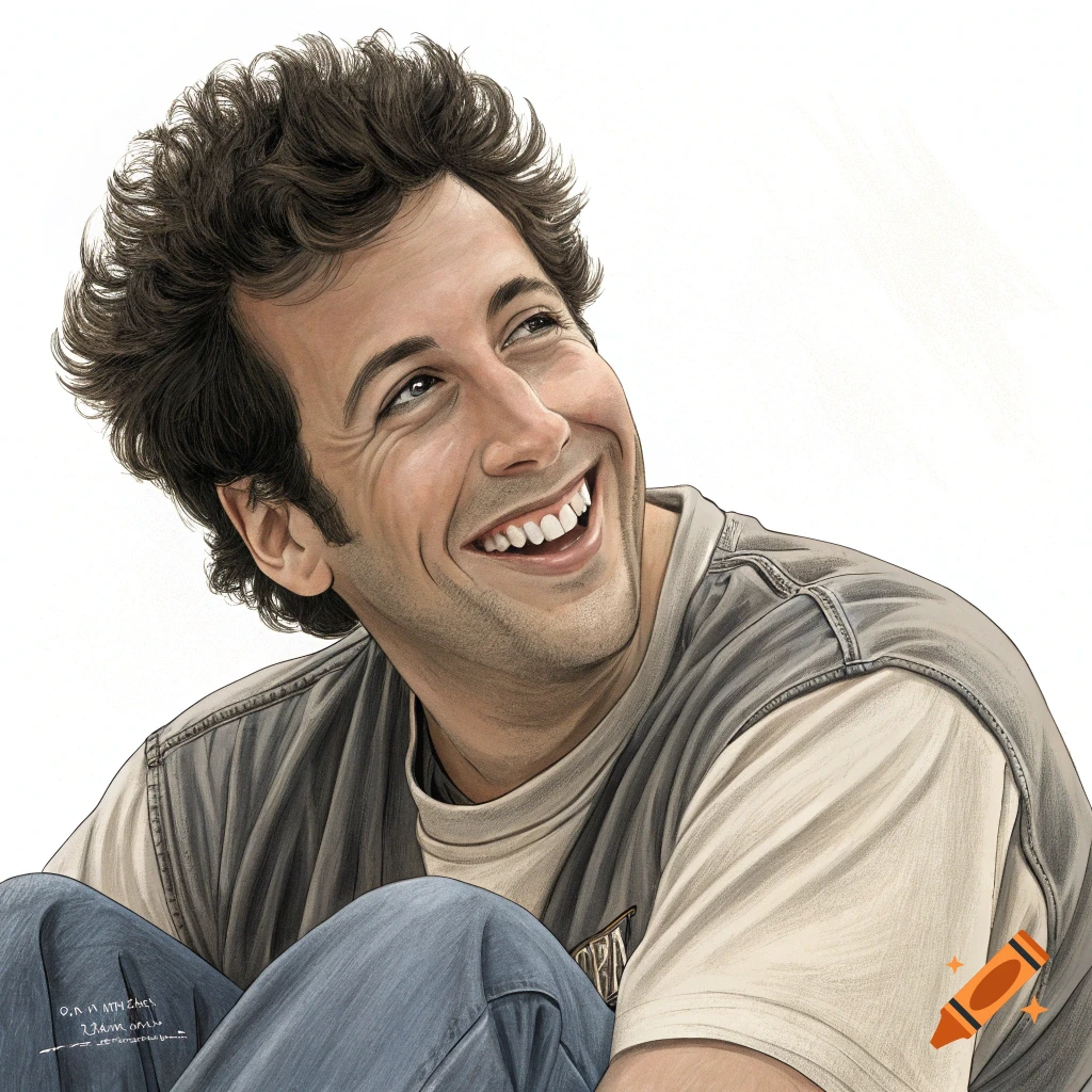 A detailed illustration of a smiling man with curly brown hair, resembling Adam Sandler, looking up and to the right.