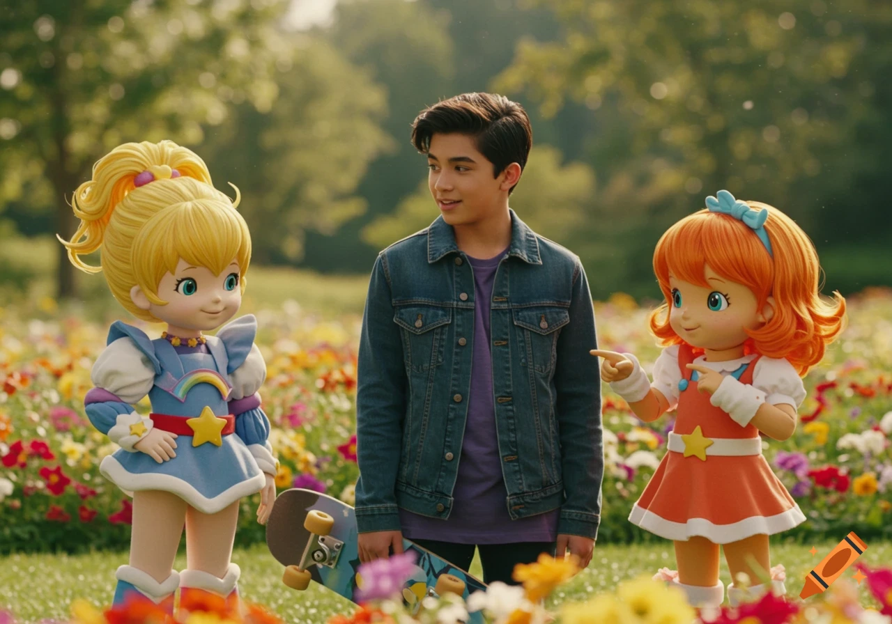 A teenage boy stands in a vibrant field of flowers between two large, colorful, doll-like cartoon characters; one with blonde hair and a blue dress, and the other with orange hair and an orange dress. The blonde character stands to the left, and the orange-haired character gestures towards the boy on the right.