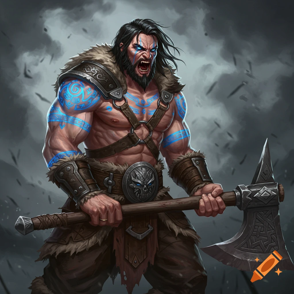 A fierce barbarian warrior with glowing blue tribal tattoos, wielding a battle axe against a stormy sky.
