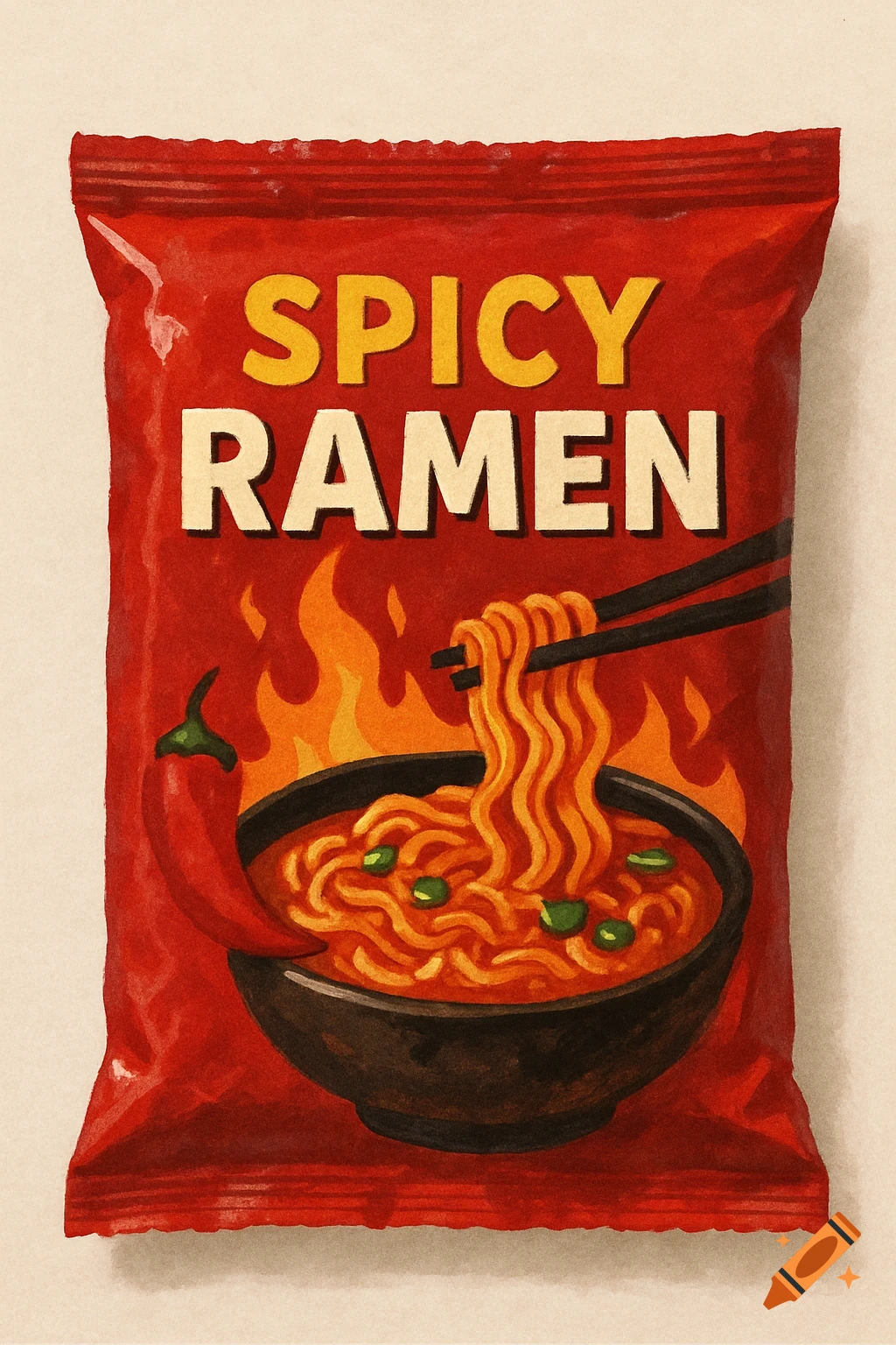 A vibrant illustration of a red spicy ramen packet featuring a bowl of ramen, chopsticks, and a chili pepper.
