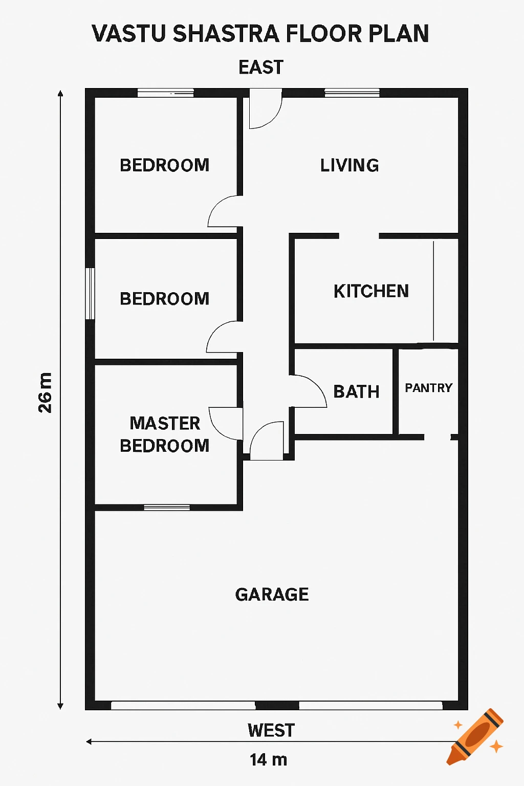 A black and white Vastu Shastra floor plan of a house with bedrooms, living, kitchen, bath, pantry, and garage, with dimensions.