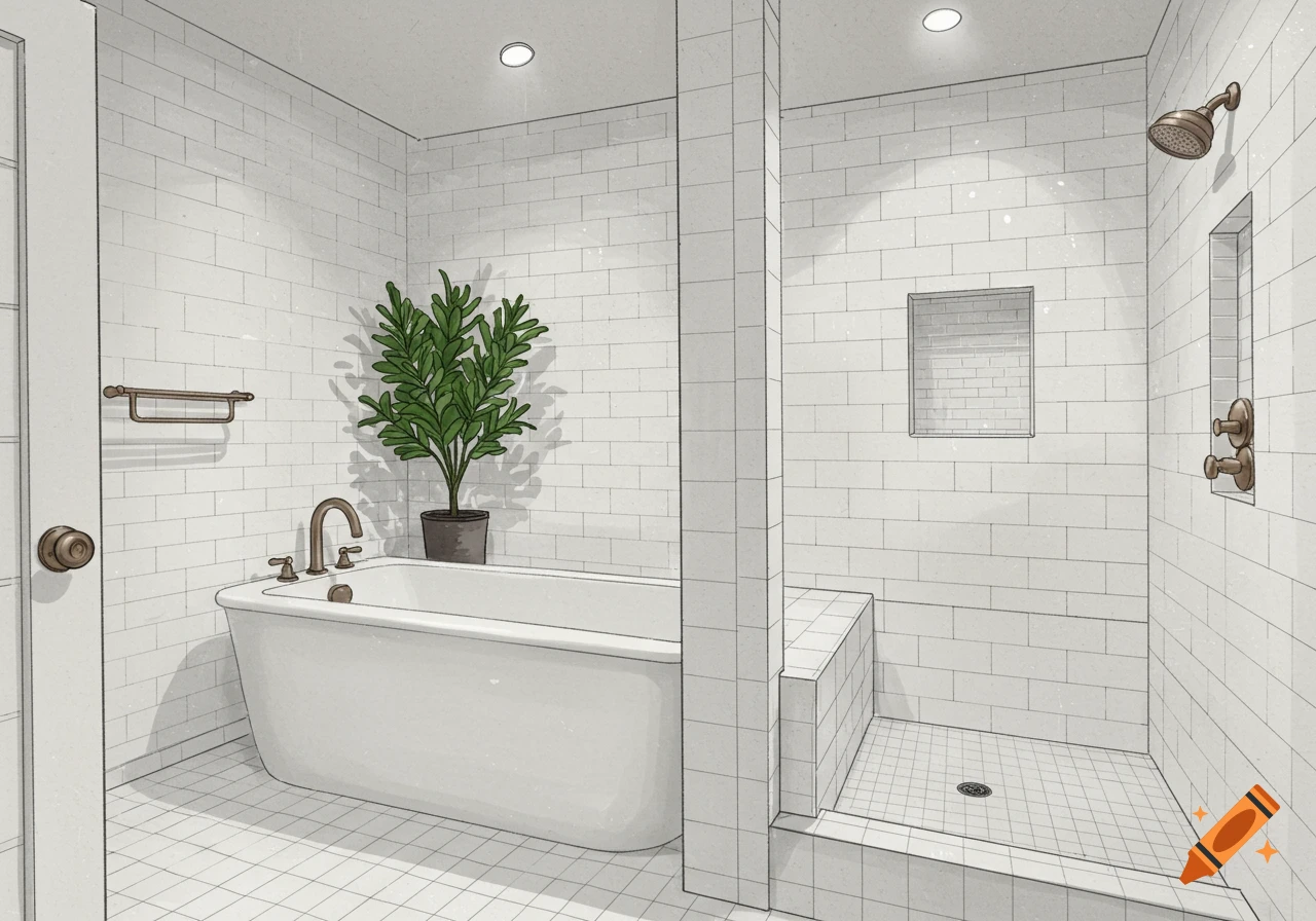 A clean, minimalist white-tiled bathroom with a freestanding tub, a potted plant, and a walk-in shower featuring a built-in bench, depicted in a sketch-like style.