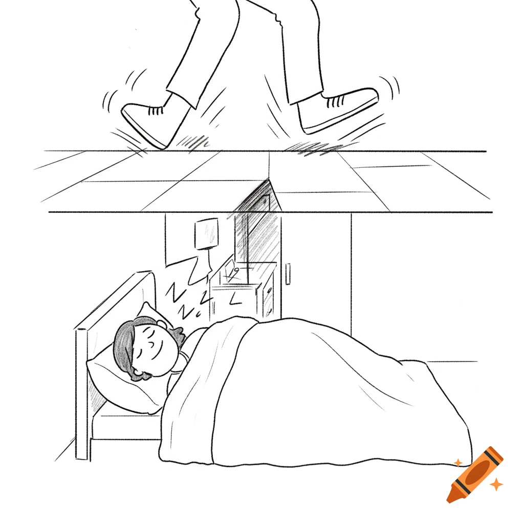 A black and white line drawing depicts a person's feet stomping on the floor above, while a person sleeps soundly in a bed directly below, with Zzz symbols.