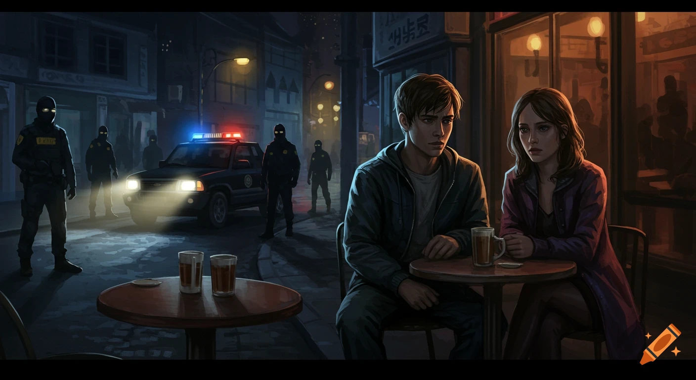 Digital painting of a tense night scene with a man and woman at a cafe table, surrounded by shadowy figures and a police car with flashing lights.