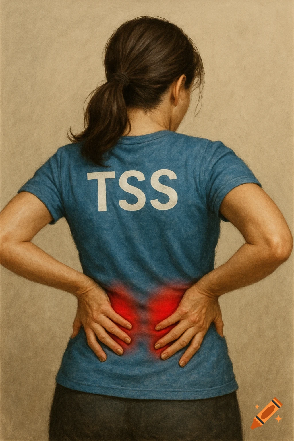 A woman from behind, wearing a blue 'TSS' t-shirt, holds her lower back where red glowing areas indicate pain. Photorealistic.