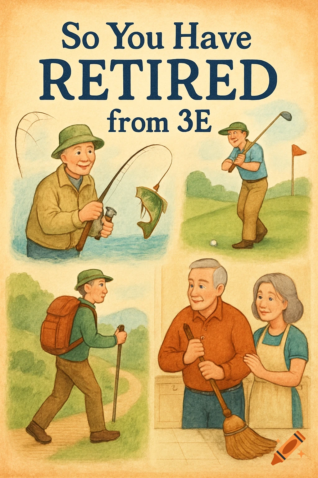 An illustration with text "So You Have RETIRED from 3E" above four panels showing a man fishing, golfing, hiking, and sweeping with a woman.