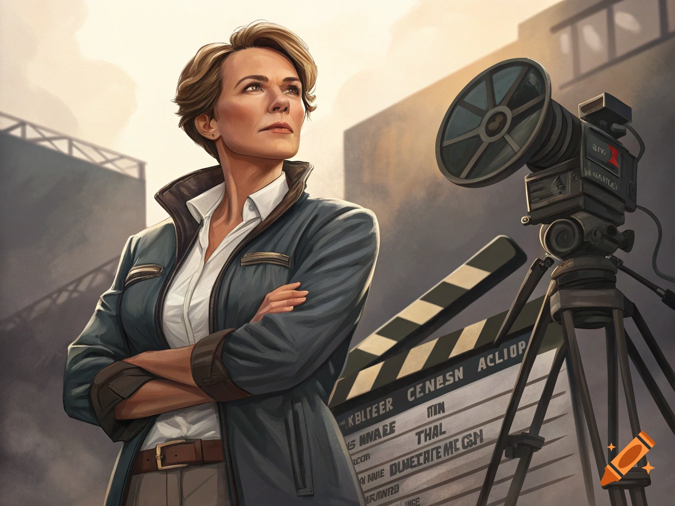 Confident woman with short hair, arms crossed, standing next to a film camera and clapperboard in a stylized illustration.