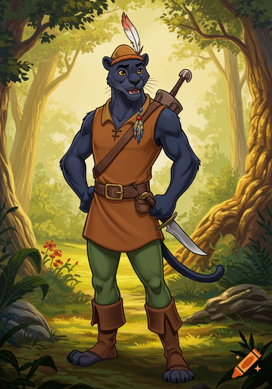 A black panther man, dressed in a brown tunic, green pants, and boots, with a feathered cap, stands in a forest holding a dagger.
