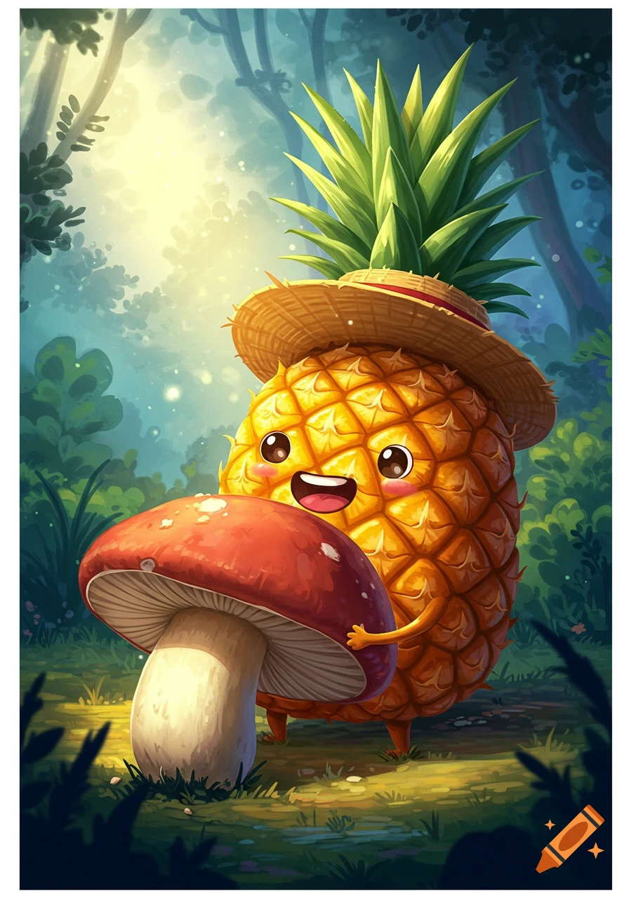 A cute, cartoon pineapple character wearing a straw hat, holding a large red mushroom in a vibrant, magical forest.