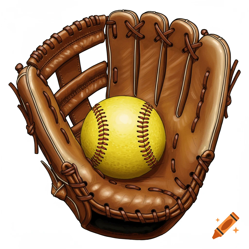 A brown leather softball glove holds a bright yellow softball, depicted with detailed red stitching on a white background.