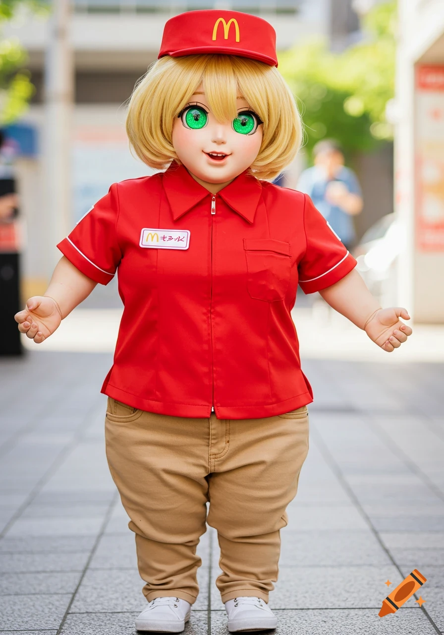 A photorealistic, chubby Japanese female character with large green anime eyes, wearing a red McDonald's uniform and tan jeans, stands outdoors.