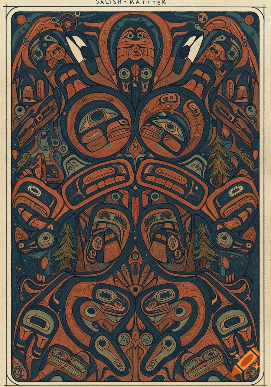 Intricate Northwest Coast Indigenous art with intertwined abstract forms, animal motifs, and trees in blue and orange.
