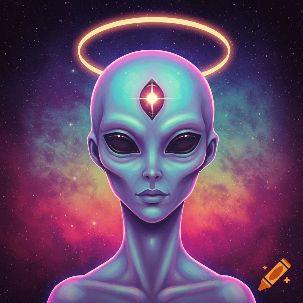 An iridescent alien with large black eyes and an illuminated third eye on its forehead, wearing a golden halo against a vibrant cosmic background.