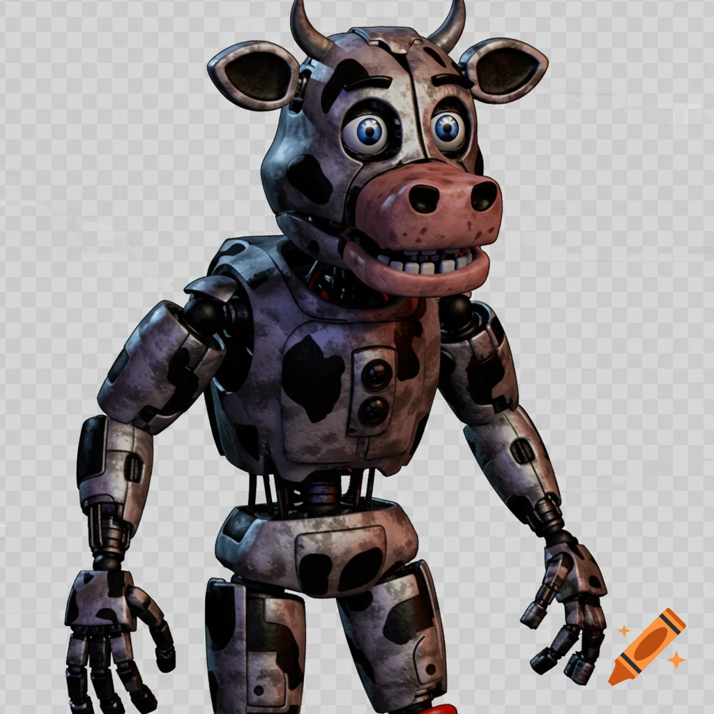 A detailed cow animatronic with a worn, metallic body and visible mechanisms stands against a transparent background.