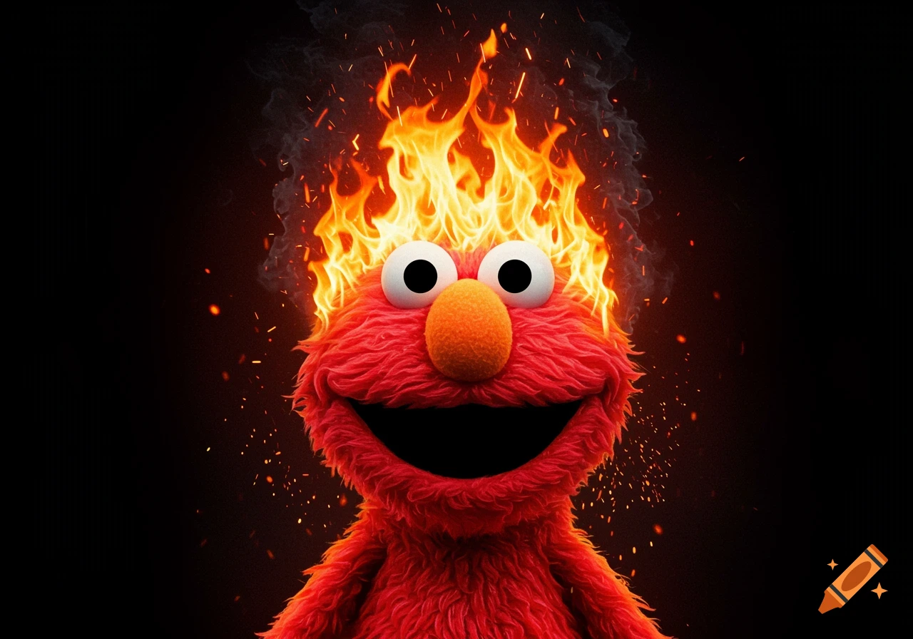 Close-up of Elmo with bright orange flames rising from his head, large dilated pupils, against a dark background.