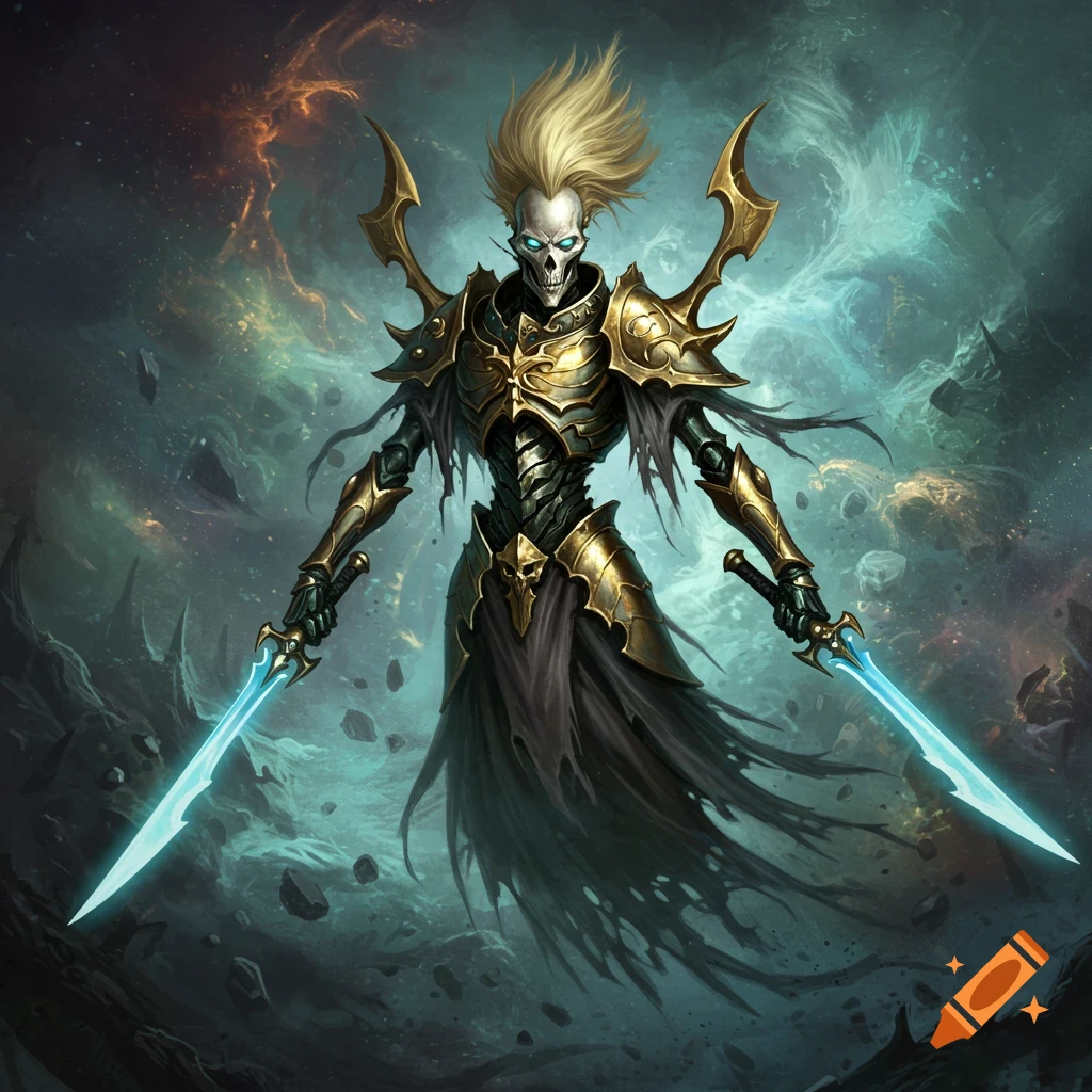 A skeletal warrior in golden armor with a blond mullet holds two glowing blue swords against a swirling cosmic background.