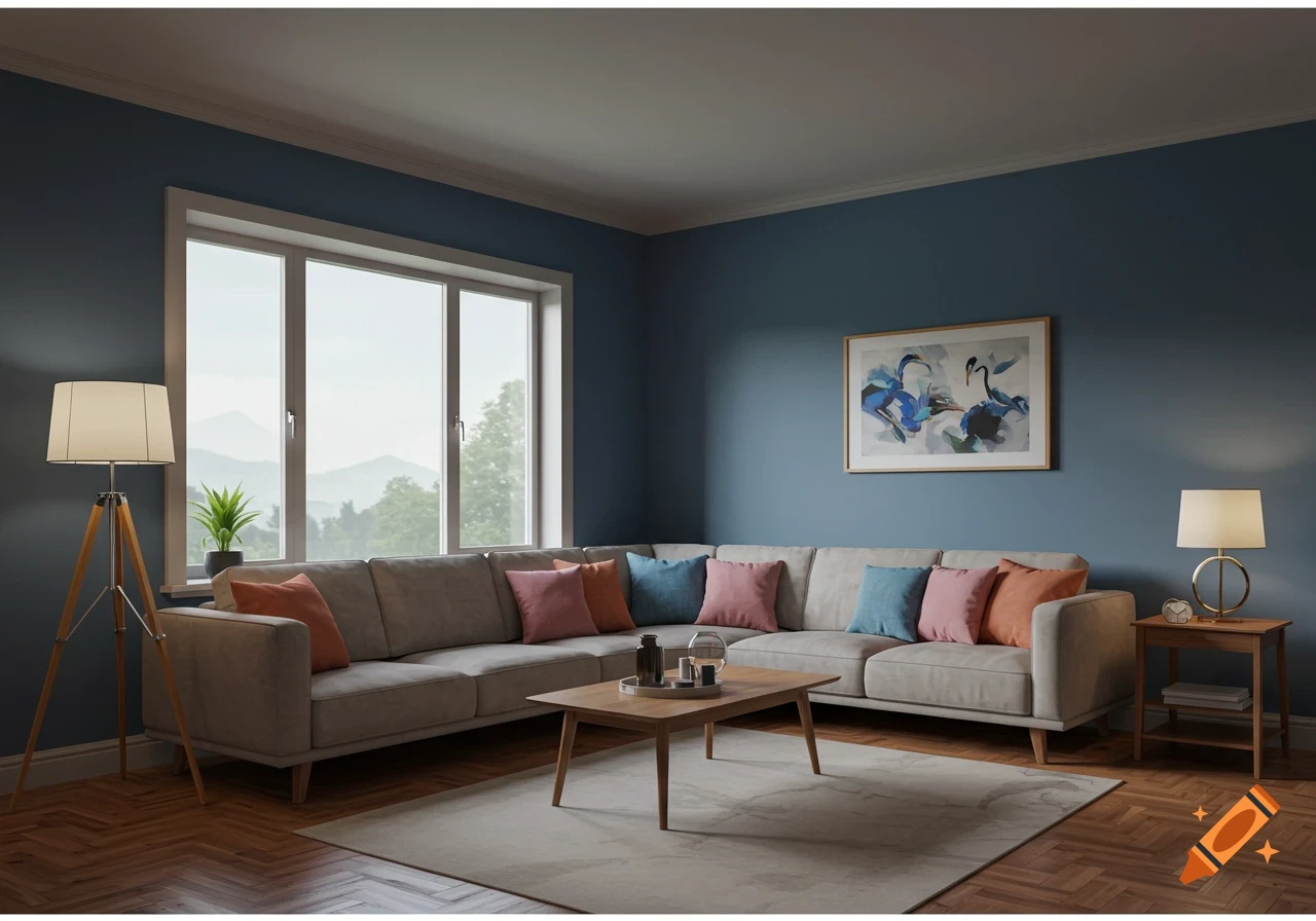 A cozy living room with blue walls, a beige sectional sofa with colorful pillows, a wooden coffee table, and a large window overlooking a mountain landscape.