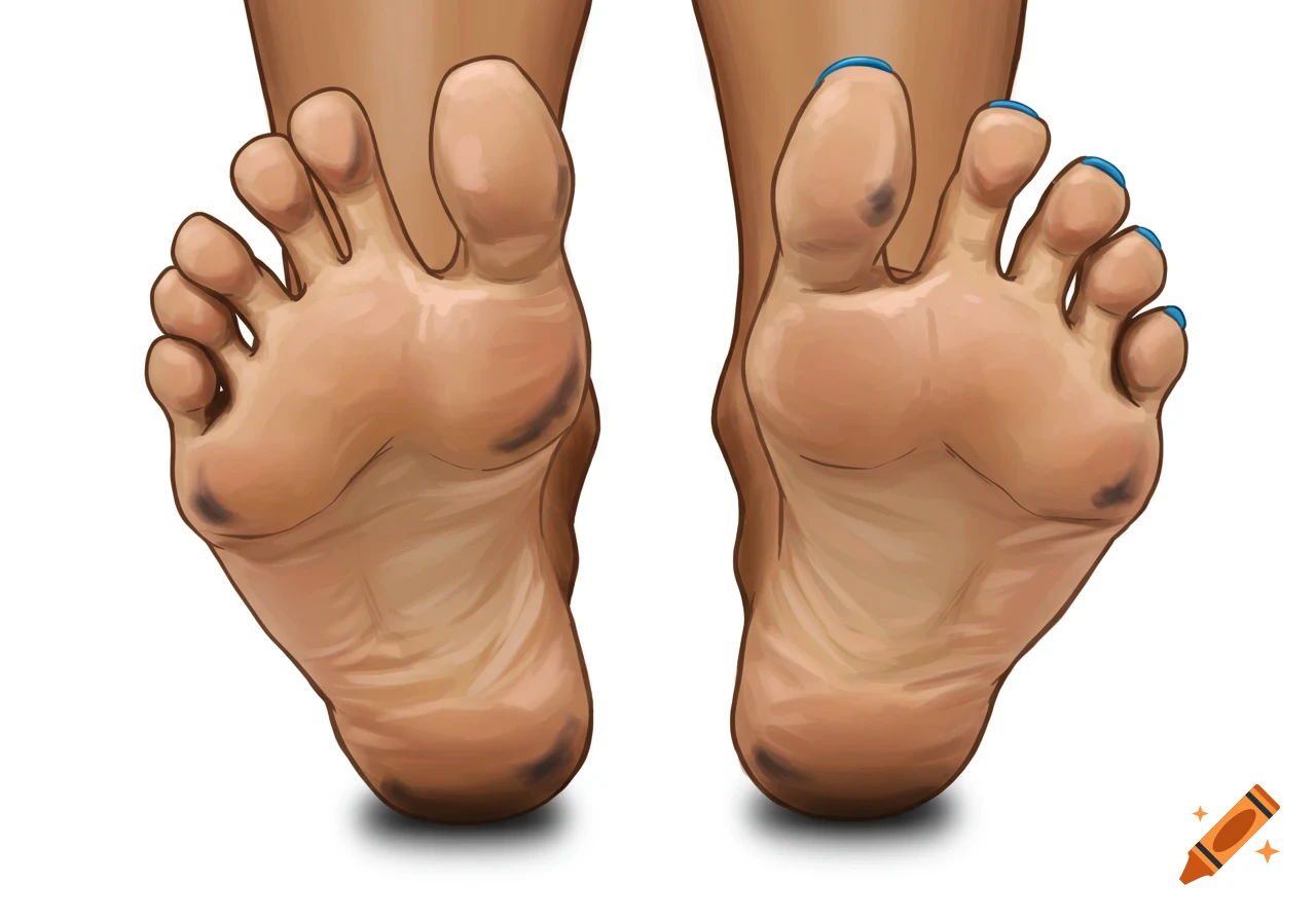 A close-up illustration of two bare feet with dark smudges on the soles and blue nail polish on one big toe.