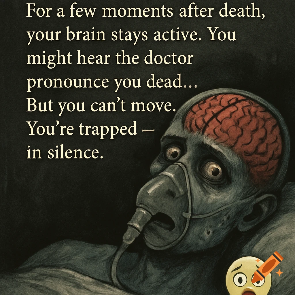 A pale, grotesque figure with an exposed brain and oxygen mask looks terrified, with text about the brain staying active after death.
