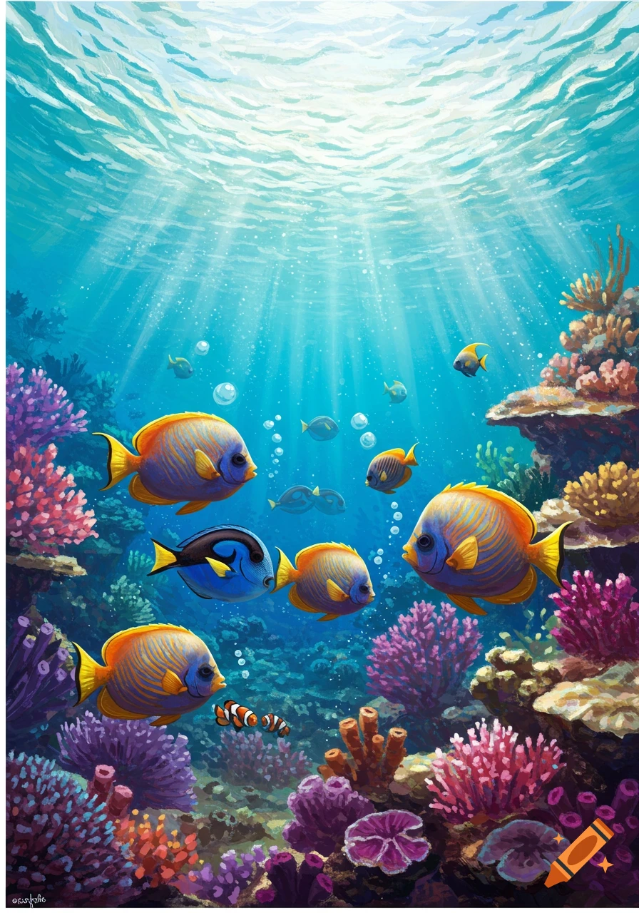 Vibrant underwater illustration with diverse colorful fish swimming among bright coral reefs and sun rays piercing the surface.