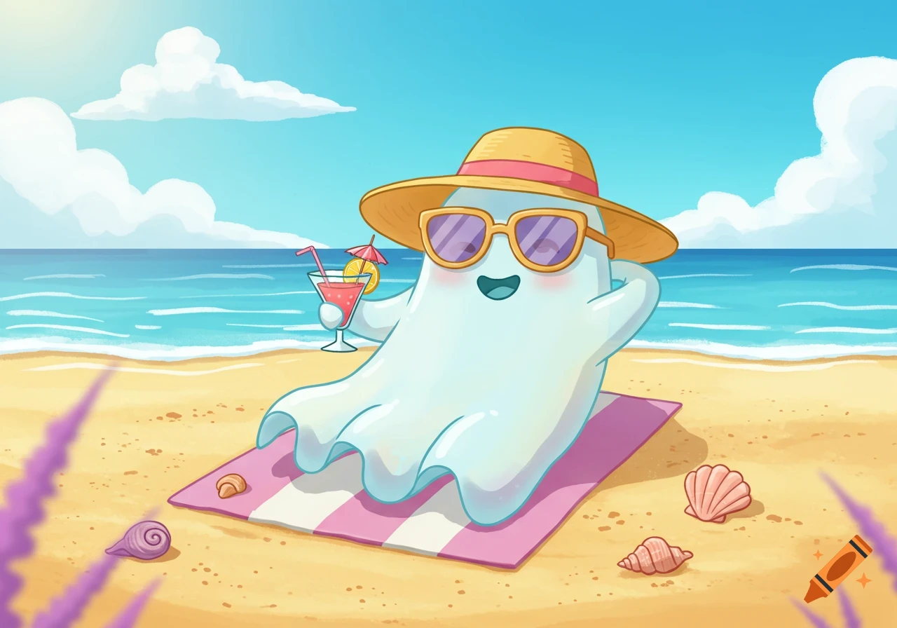 A cheerful cartoon ghost sunbathes on a beach towel with a cocktail by the ocean.