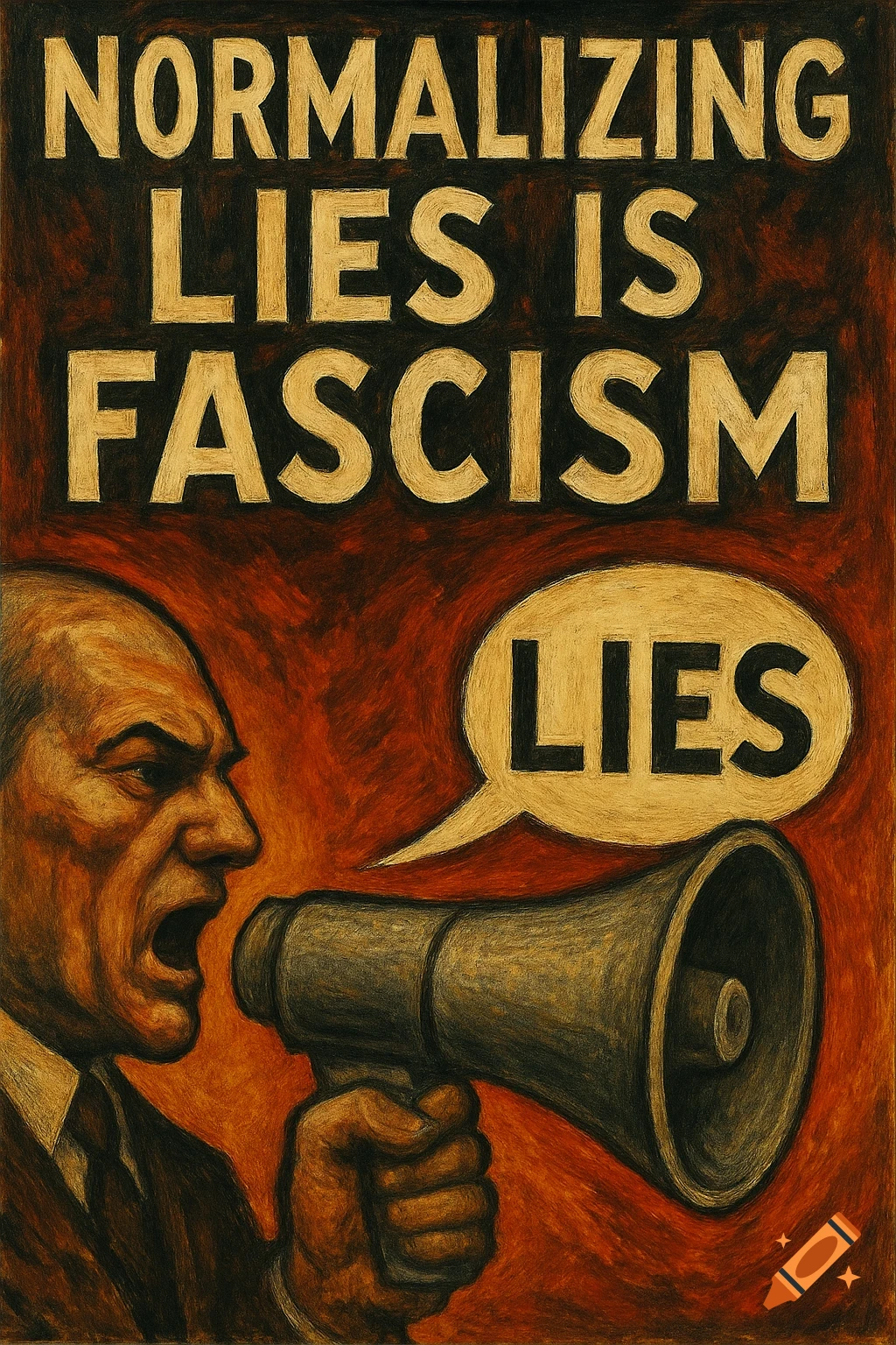 A stylized illustration of a man shouting 'LIES' into a megaphone, with the text 'NORMALIZING LIES IS FASCISM' above.