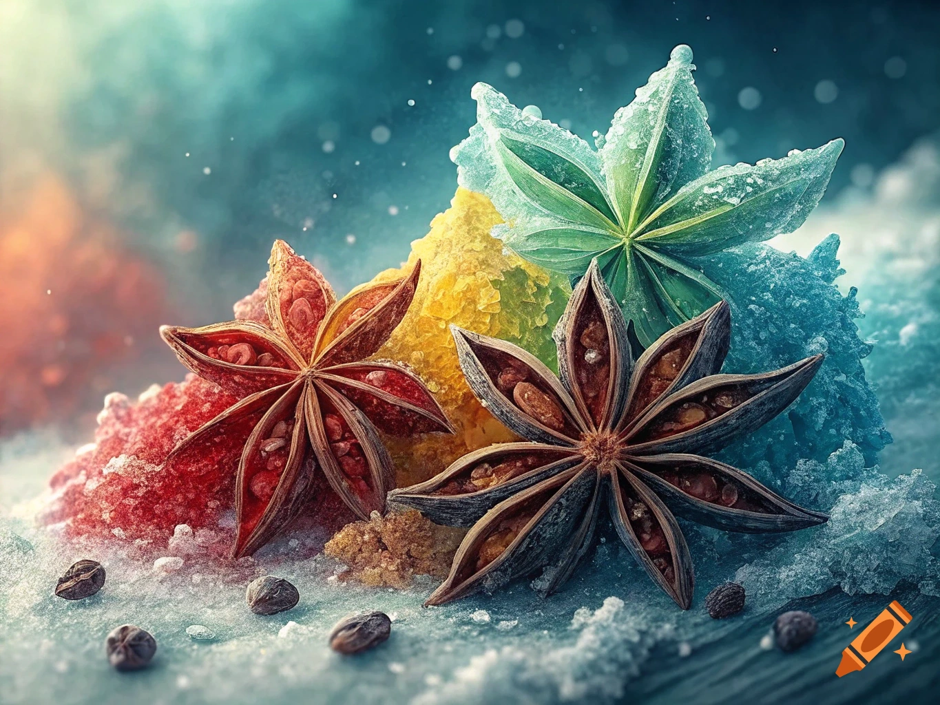 Three star anise pods on colorful mounds of red, yellow, and blue ice or sugar crystals, with scattered coffee beans on an icy surface.