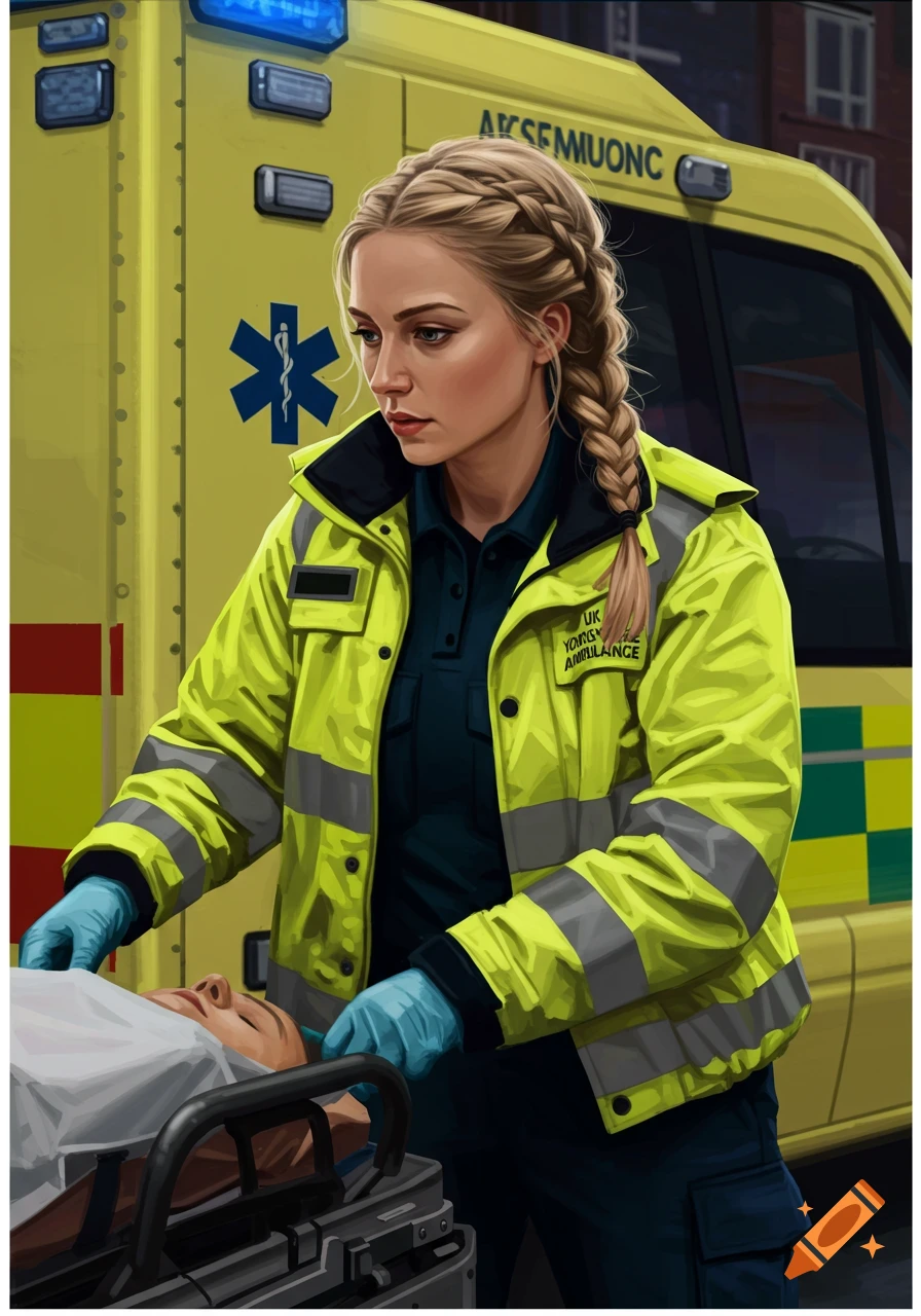 Stylized illustration of a blonde female paramedic in a neon yellow jacket attending to a patient on a stretcher, with a yellow ambulance behind her.