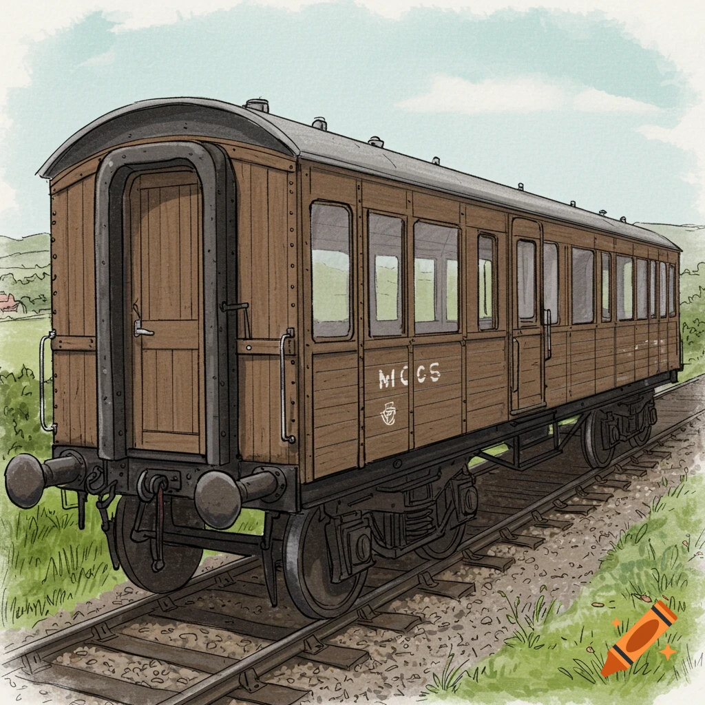 Pencil drawing of a brown wooden railway carriage on tracks.