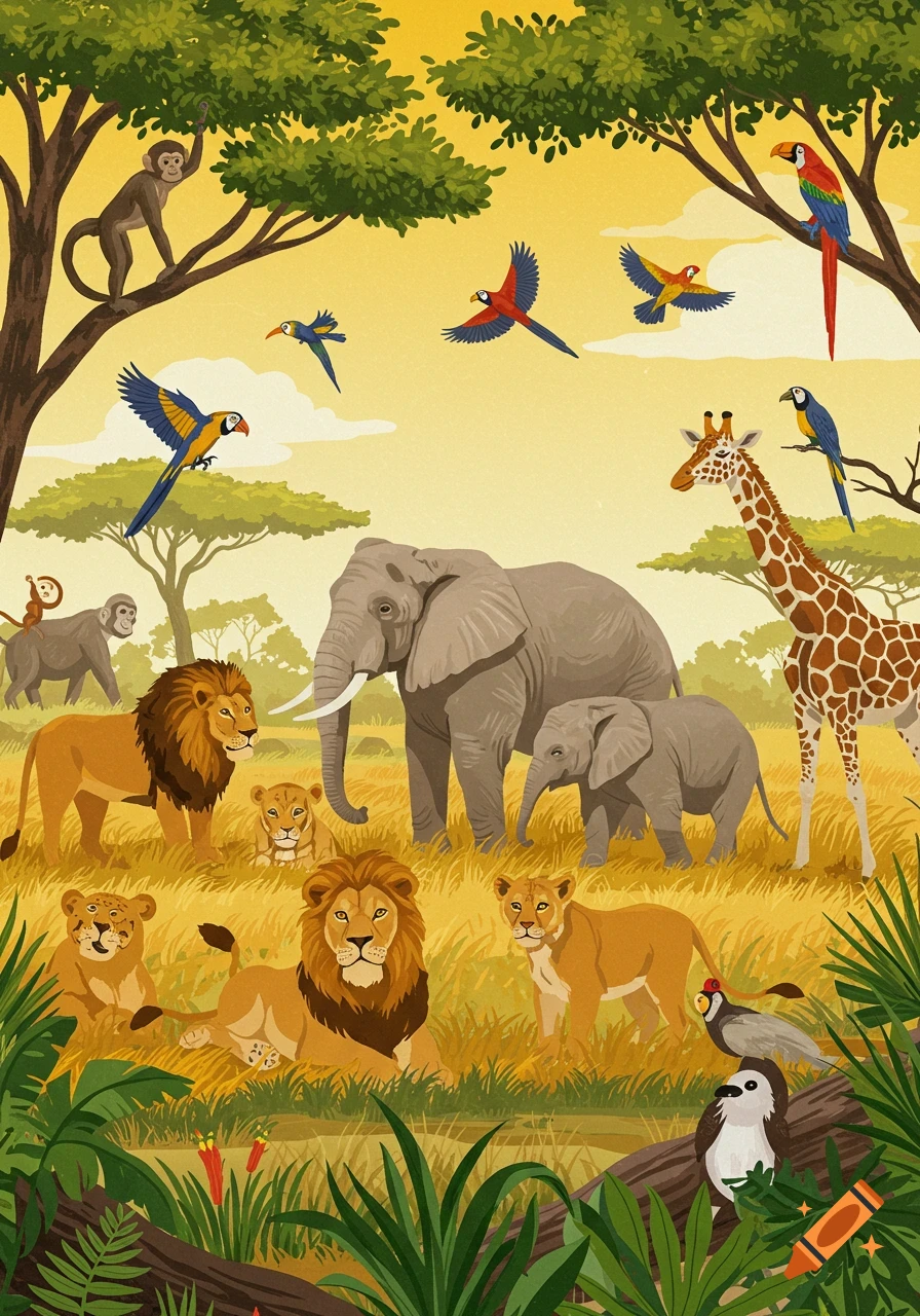 A vibrant illustration of various safari animals including lions, elephants, giraffes, monkeys, and colorful birds in a savanna landscape.