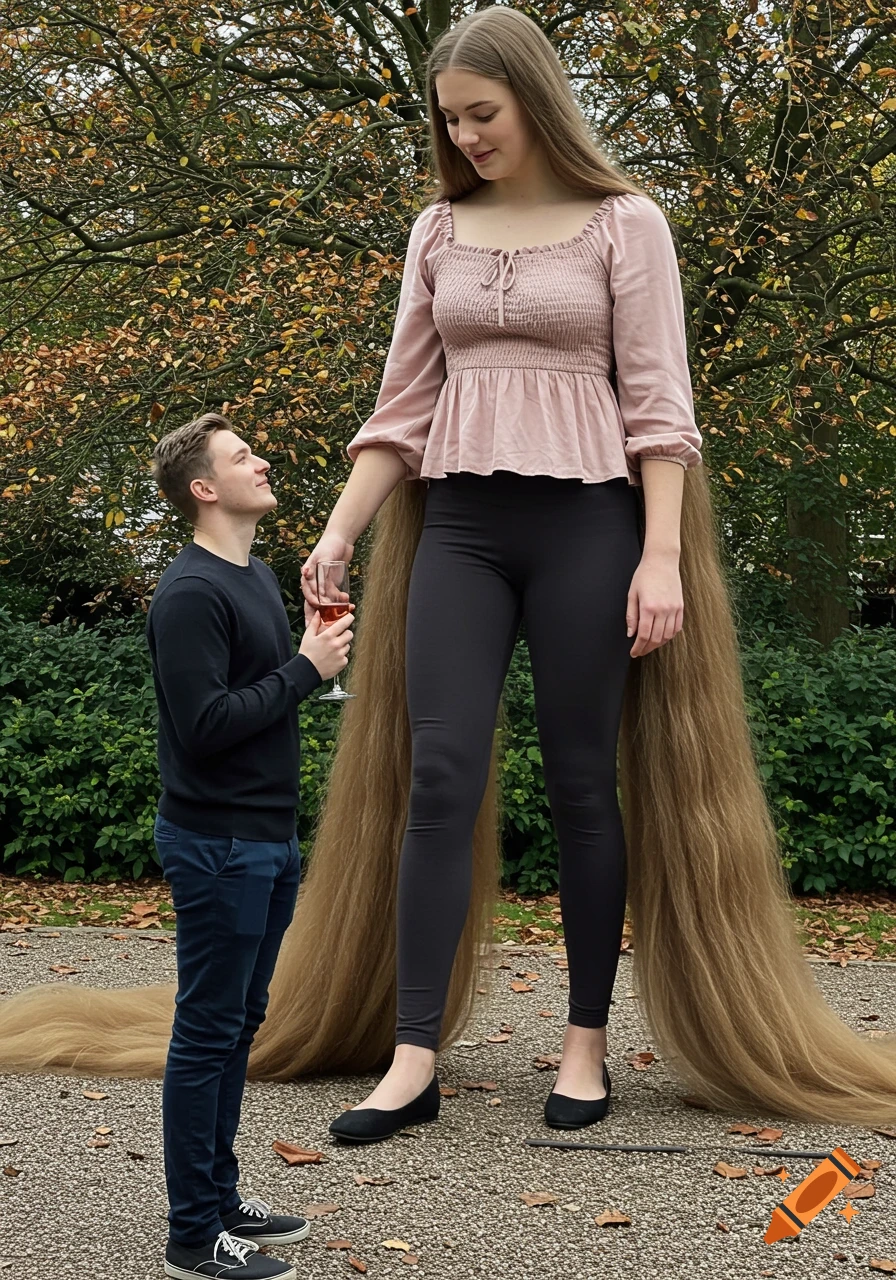 A giantess with long hair stands in an autumn park, looking down at her tiny boyfriend who holds a glass of wine.