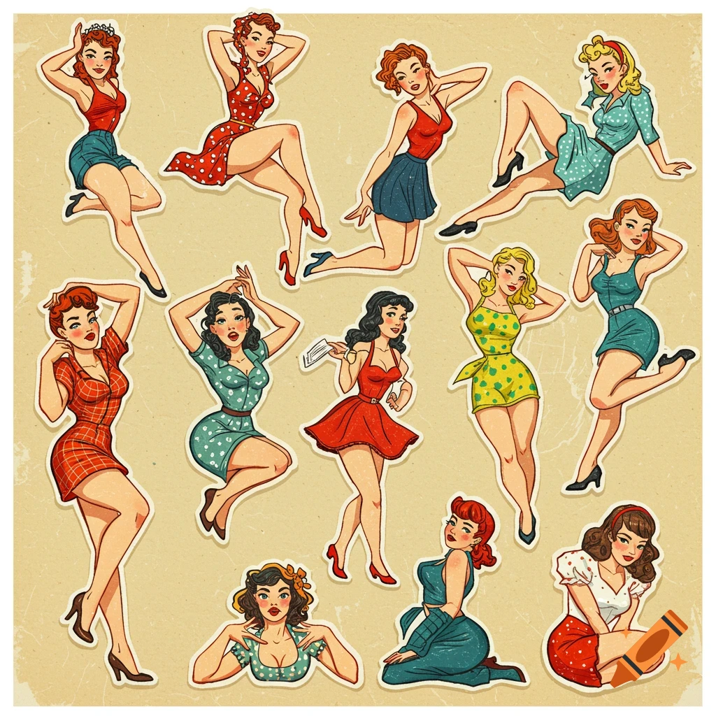 Multiple retro pin-up girls in various poses, illustrated in a colorful sticker style on a textured background.