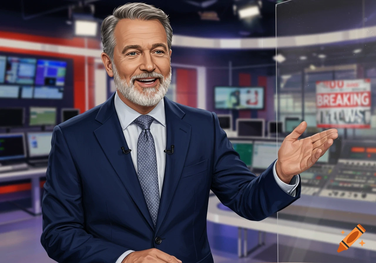 A smiling, grey-haired male news reporter in a suit gestures in a busy TV studio with a 'BREAKING' sign.