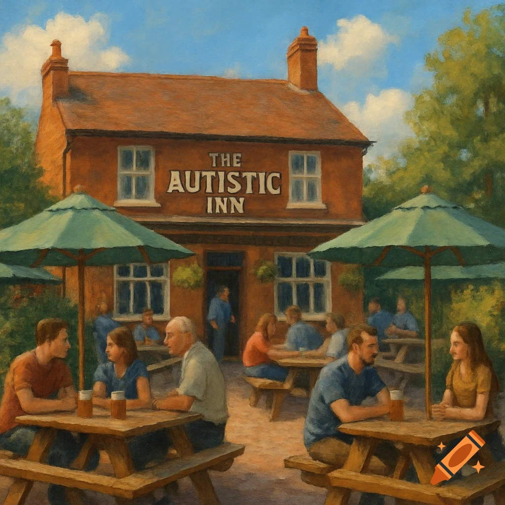 A painterly depiction of people enjoying drinks at outdoor tables in front of a brick inn named "The Autistic Inn" under a blue sky.