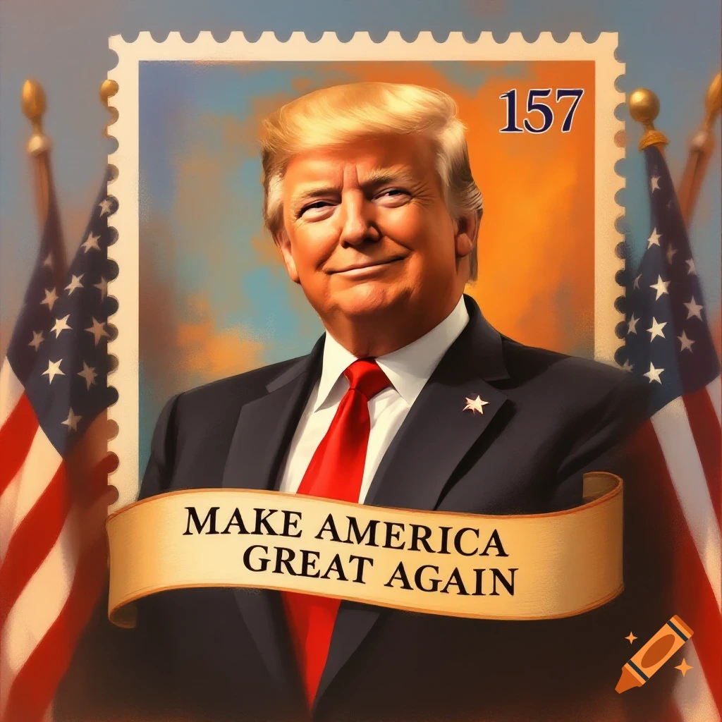 Portrait of Donald Trump on a postage stamp, flanked by American flags, with 'Make America Great Again' on a banner.