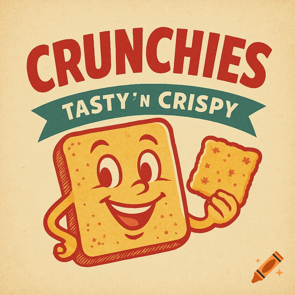 A retro 50s style logo for "CRUNCHIES" featuring a smiling square cracker character holding a smaller cracker, with "TASTY'N CRISPY" on a banner.