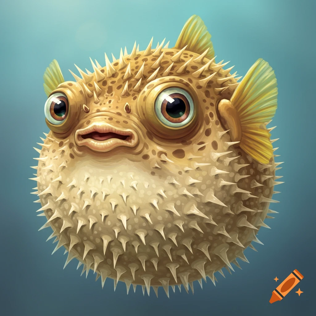 A cartoonish, inflated pufferfish with large eyes and a quirky expression, set against a soft blue background.