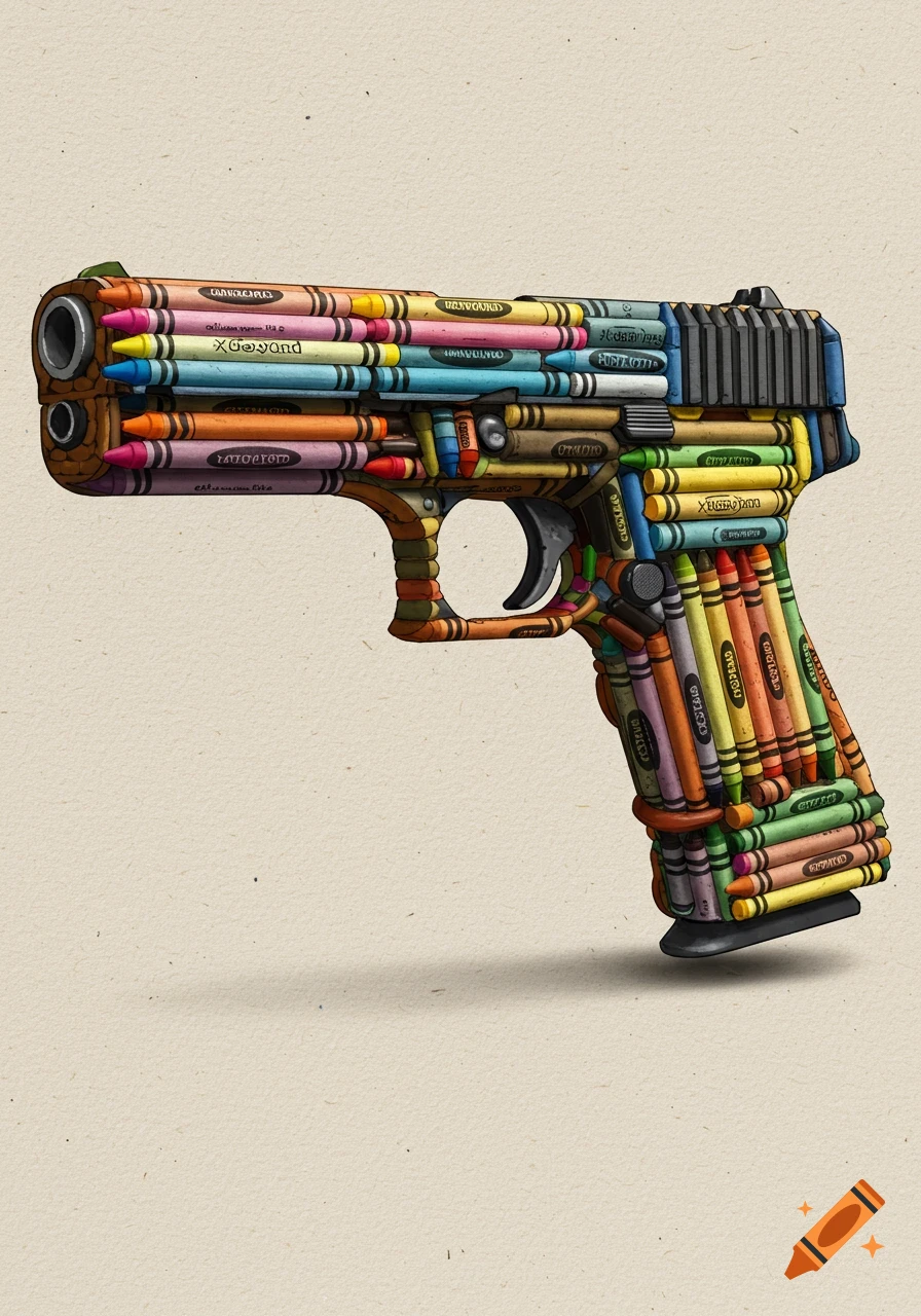 A modern pistol entirely constructed from colorful crayons, depicted against a plain background with a shadow.