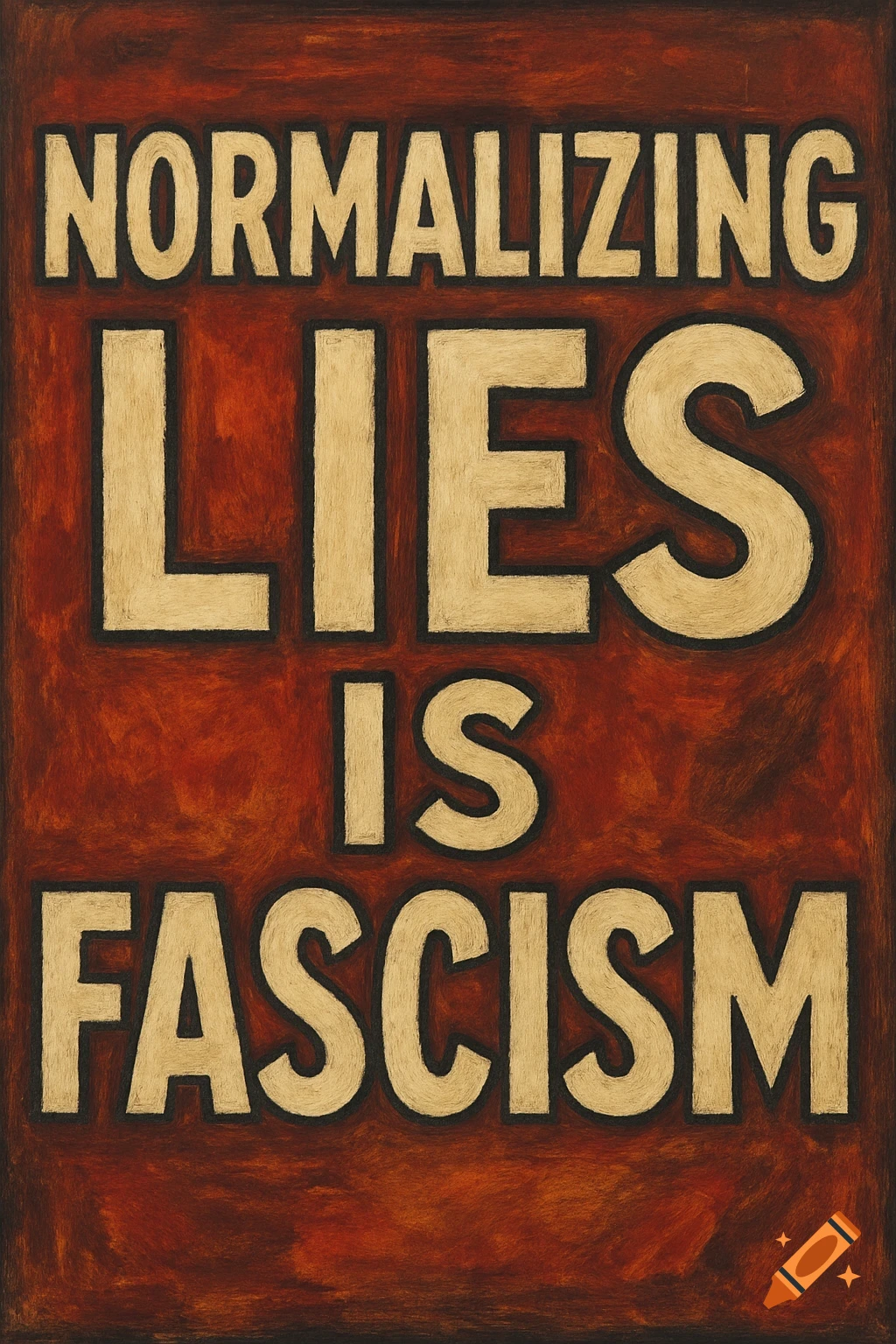 A textured poster with the bold capitalized text 'NORMALIZING LIES IS FASCISM' in beige on a dark reddish-brown background.