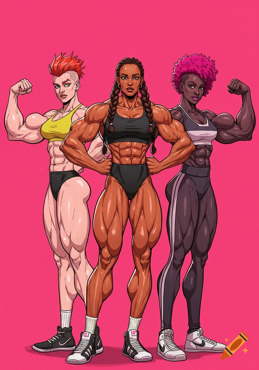 Three muscular women with varied hairstyles and skin tones pose in athletic wear on a pink background, showcasing their biceps.