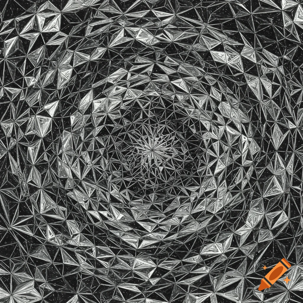 Abstract black and white tessellation pattern of geometric triangles with a spiraling effect, resembling faceted metal.