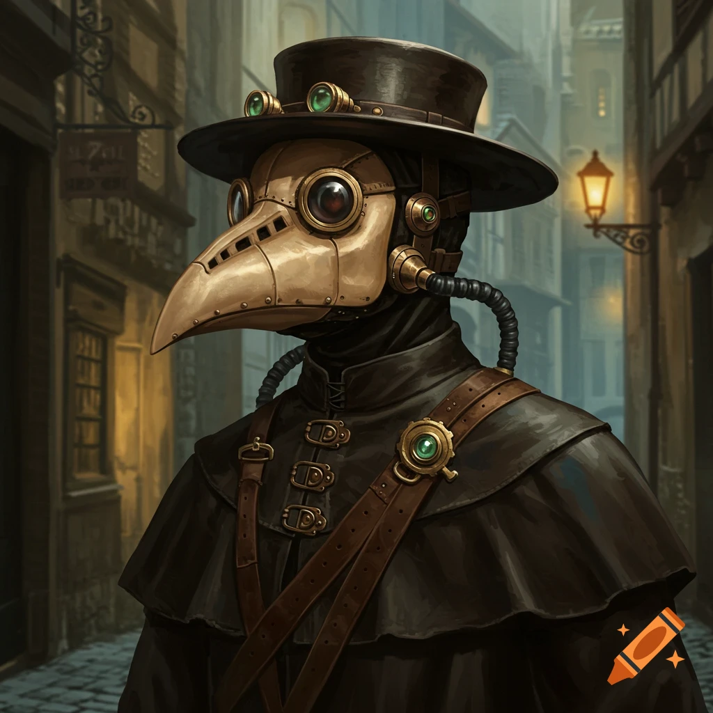 A close-up of a steampunk plague doctor in a dark, narrow alley, wearing a bronze bird-beak mask and goggles.