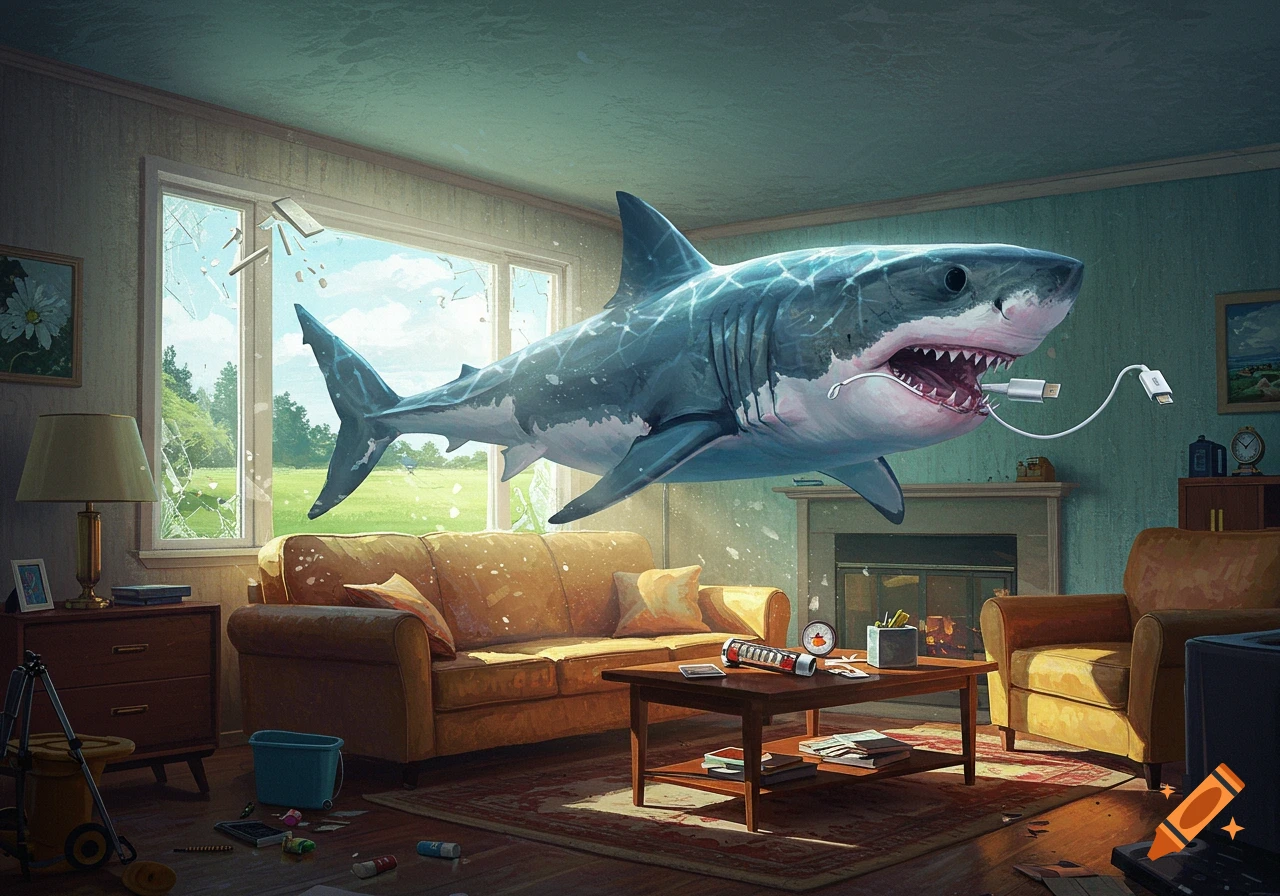 A large great white shark floats mid-air in a living room, having burst through a window, with a white charger cable dangling from its mouth.