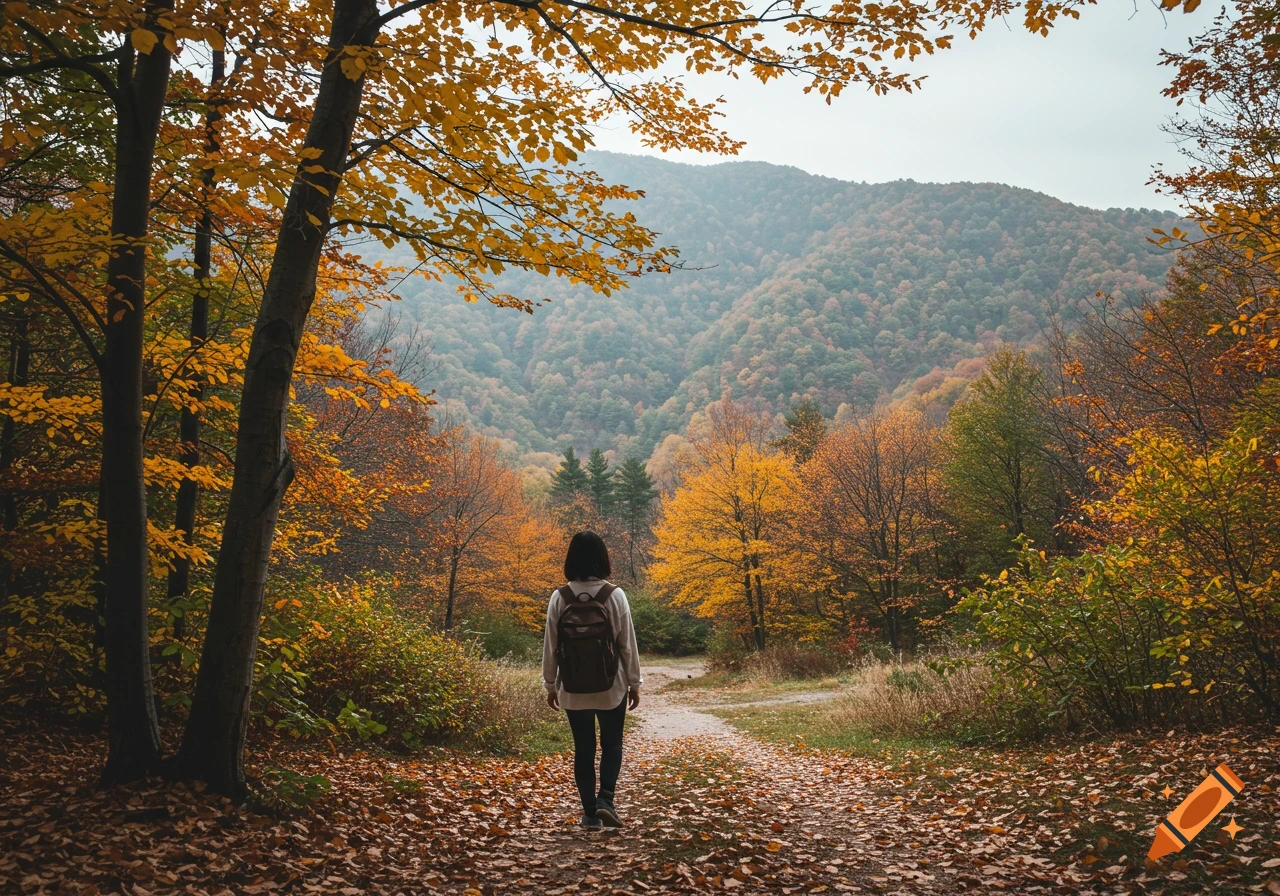A person walks down a leaf-strewn path through an autumn forest with vibrant yellow and orange trees, leading towards a mountain range.