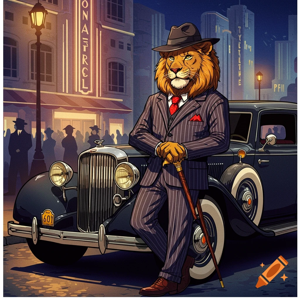 An anthropomorphic lion gangster in a pinstripe suit leans on a vintage car at night in an art deco city.