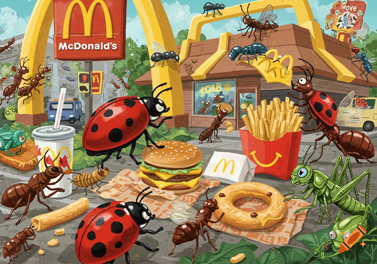 Cartoon illustration of various bugs, including ants, ladybugs, and grasshoppers, gathered around McDonald's food items and a restaurant.
