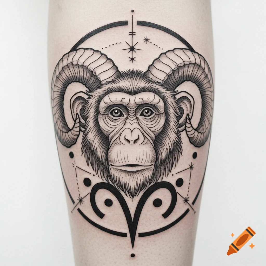 A black and white line art tattoo design featuring a chimpanzee head with ram horns, above the Aries zodiac symbol, surrounded by geometric lines and stars.