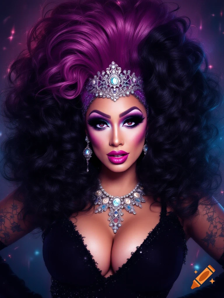 A drag queen with voluminous black and purple hair, dramatic purple makeup, a large jeweled crown, and a matching necklace, wearing a black lace top.