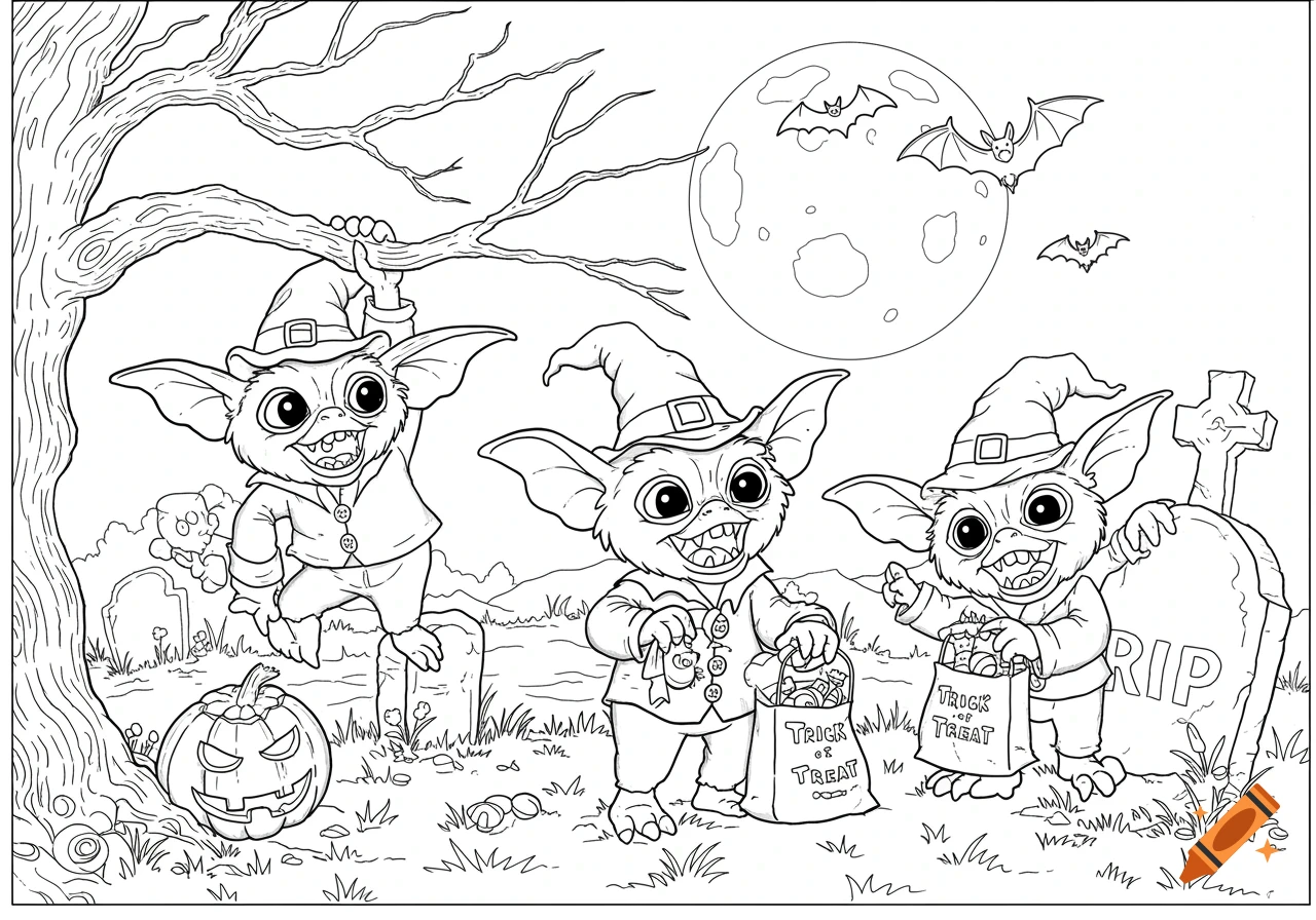 Black and white line art coloring page of three mischievous gremlins on Halloween night with a full moon and bats.
