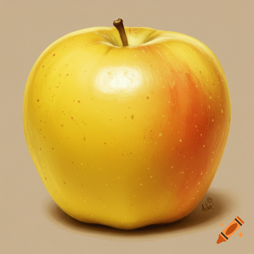 A photorealistic golden apple with a reddish blush and a brown stem sits against a beige background.